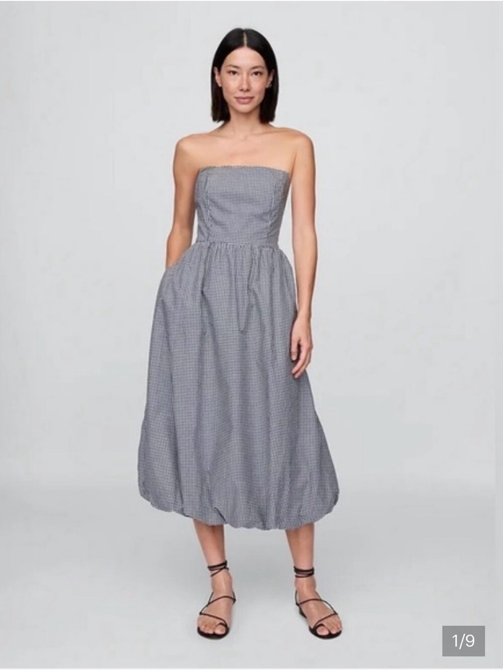 Gap Poplin Navy Gingham Bubble Midi Dress Strapless